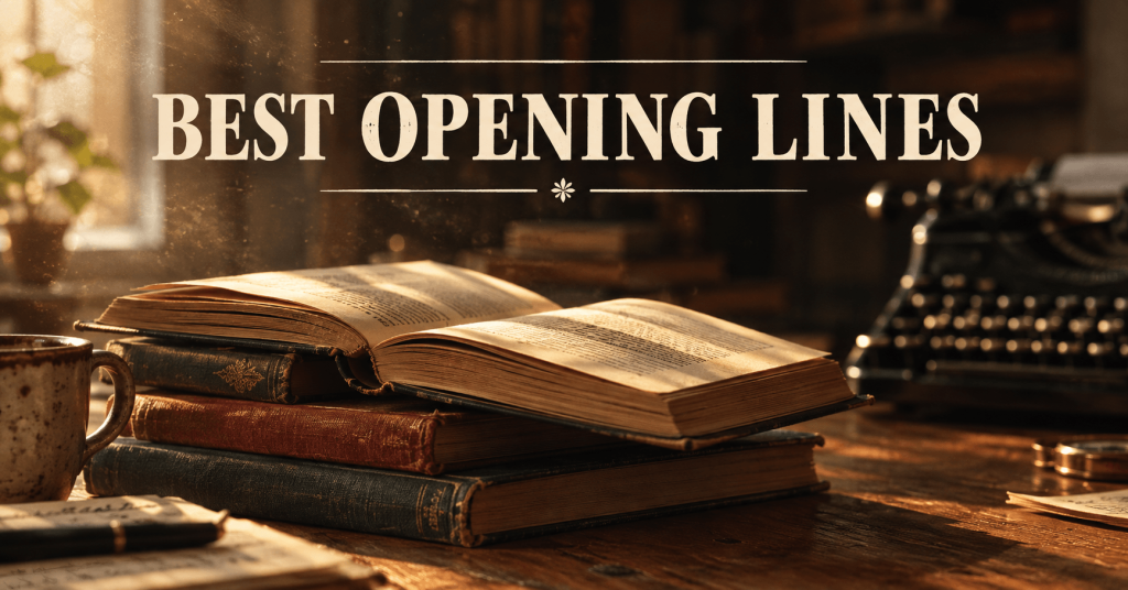Best Opening Lines graphic showing books on a desk and library background and typewriter. Best first lines for creatives, businesses, writers; inspiration.