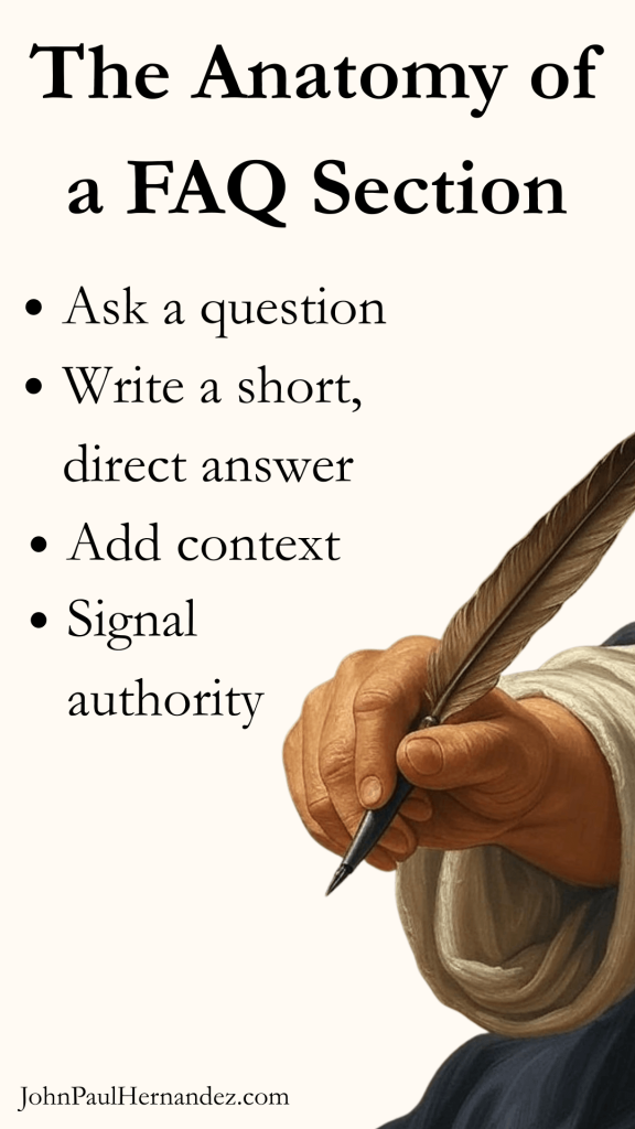 A hand holding a feather pen with the anatomy of FAQ bullet list described in the article