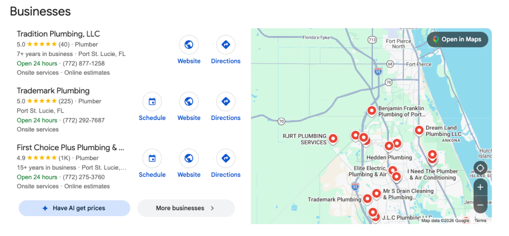 Google business profile results showing local plumbing businesses and a map