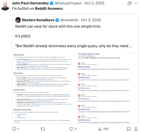 Tweet from writer saying he is bullish on Reddit Answers
