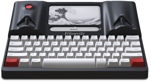 Freewrite typewriter showing the product and a screen with a wave screensaver